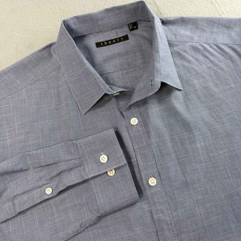 Theory Button Down Shirt XL Blue Micro Check Cotton Long Sleeve Office Wear
